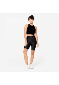 DOMYOS - Legginsy krótkie fitness damskie Domyos ciemnoszare w panterkę. Stan: podwyższony. Kolor: szary. Materiał: materiał, poliester, elastan. Długość: krótkie. Wzór: motyw zwierzęcy. Sport: fitness