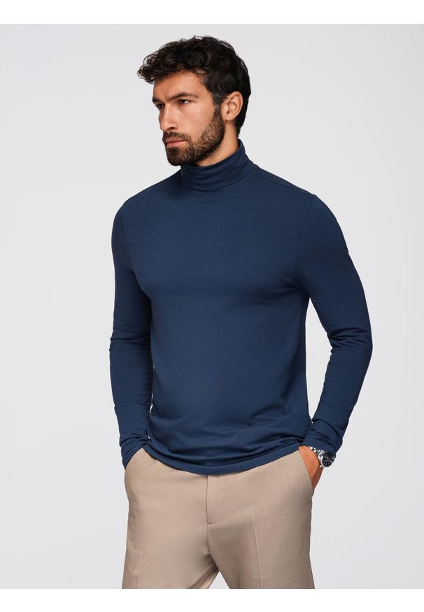 Ombre Clothing - Męski longsleeve gładki z golfem - granatowy V2 - Rozmiar: L. Okazja: na co dzień. Typ kołnierza: golf. Kolor: niebieski. Materiał: jeans, dzianina, bawełna, elastan. Długość rękawa: długi rękaw. Wzór: gładki. Sezon: zima, jesień. Styl: casual, klasyczny, elegancki