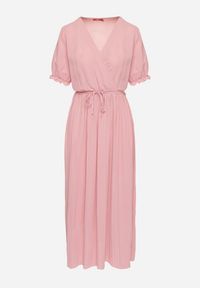 Born2be - Różowa Kopertowa Sukienka z Bawełną i Paskiem Ivellevia. Okazja: na co dzień. Typ kołnierza: dekolt w serek. Kolor: różowy. Materiał: bawełna. Długość rękawa: długi rękaw. Sezon: lato. Typ sukienki: kopertowe. Styl: klasyczny, casual, elegancki #5