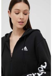 Adidas - adidas bluza bawełniana damska kolor czarny z kapturem z nadrukiem. Typ kołnierza: kaptur. Kolor: czarny. Materiał: bawełna. Wzór: nadruk #5