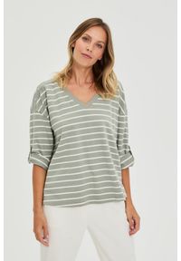 MOODO - Bluza w paski oliwkowa. Kolor: oliwkowy. Materiał: elastan, bawełna. Wzór: paski #1