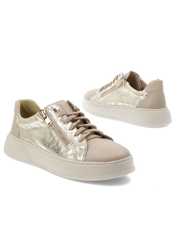 Beżowe Sneakersy Armodo Modne Obuwie Damskie. Zapięcie: sznurówki. Kolor: beżowy. Materiał: skóra. Szerokość cholewki: normalna. Wzór: aplikacja