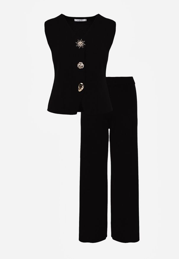 Born2be - Czarny Komplet z Wiskozą Kamizelka z Ozdobami 3D i Szerokie Spodnie Eleti. Kolor: czarny. Materiał: wiskoza. Wzór: aplikacja