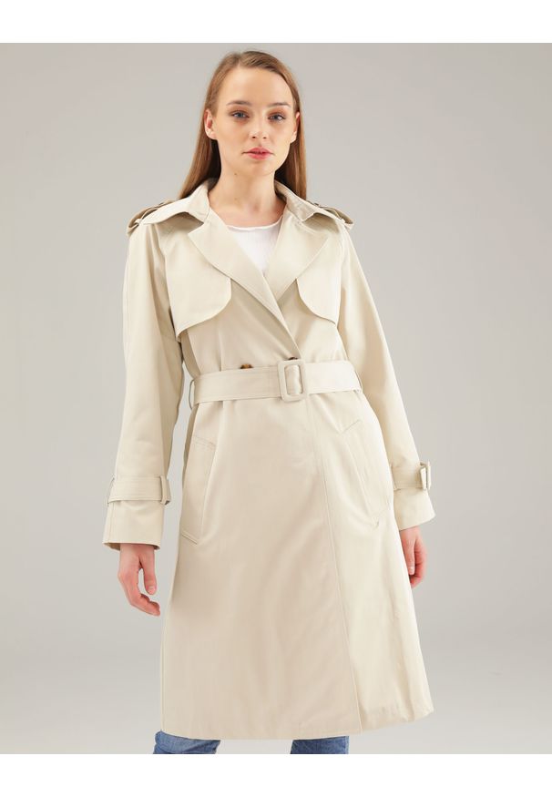 Unisono - WIOSENNY PŁASZCZ B9202 BEIGE. Materiał: bawełna, poliester. Sezon: wiosna