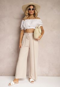 Renee - Jasnobeżowe Spodnie Palazzo High Waist z Bawełny Wykończone Gumką w Talii Nellsea. Okazja: na co dzień. Stan: podwyższony. Kolor: beżowy. Materiał: bawełna. Styl: casual, elegancki
