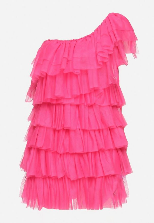 Born2be - Fuksjowa Sukienka Mini na Jedno Ramię Asymetryczna z Falbankami Nomenta. Typ kołnierza: kołnierz z falbankami. Kolor: różowy. Typ sukienki: asymetryczne. Długość: mini