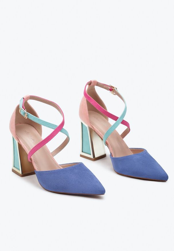 Renee - Niebieskie Czółenka na Obcasie w Kształcie Stożka z Metalowym Obramowaniem Haslia. Okazja: na co dzień. Zapięcie: sprzączka. Kolor: niebieski. Obcas: na obcasie. Styl: casual, elegancki. Wysokość obcasa: średni