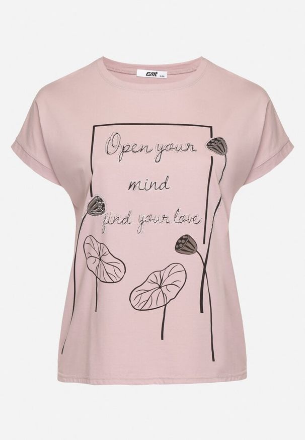 Born2be - Jasnofioletowy Bawełniany T-shirt z Nadrukiem i Cyrkoniami Ertebis. Okazja: na co dzień, na spacer. Kolor: fioletowy. Materiał: bawełna. Wzór: nadruk. Styl: elegancki, casual