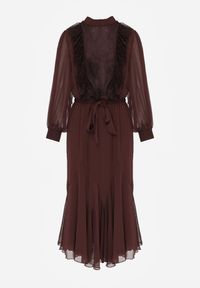 Born2be - Brązowa Elegancka Sukienka z Bufiastymi Rękawami i Koronkowymi Falbankami Sewlina. Okazja: na co dzień, do pracy. Typ kołnierza: kołnierz z falbankami. Kolor: brązowy. Materiał: koronka. Styl: elegancki #5