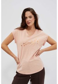 MOODO - T-shirt z nadrukiem malinowy. Kolor: różowy. Materiał: bawełna. Wzór: nadruk