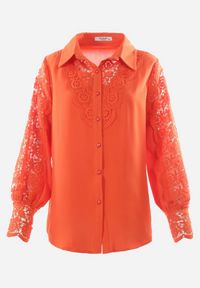 Born2be - Pomarańczowa Koszula z Ażurowymi Wstawkami i Bufiastym Rękawem Simkin. Kolor: pomarańczowy. Materiał: koronka. Wzór: ażurowy. Styl: retro #4