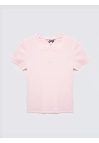 Big-Star - Koszulka damska w prążek z haftem różowa Clarsa 600. Kolor: różowy. Materiał: jeans, prążkowany, dzianina. Długość: krótkie. Wzór: haft, prążki #3
