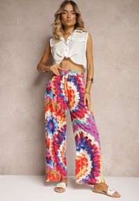 Renee - Czerwono-Niebieskie Wiskozowe Spodnie o Szerokim Kroju High Waist Tie Dye z Gumką w Talii Nalflea. Stan: podwyższony. Kolor: czerwony. Materiał: wiskoza. Sezon: lato #5