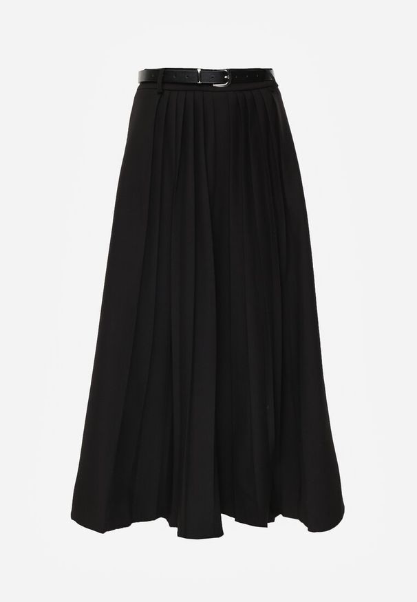 Renee - Czarna Rozkloszowana Spódnica z Wiskozy z Dodatkowym Paskiem z Klamrą Lowedina. Kolor: czarny. Materiał: wiskoza