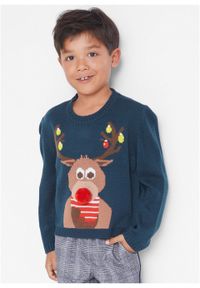 Sweter chłopięcy z bożonarodzeniowym motywem bonprix ciemnoniebieski. Kolor: niebieski. Materiał: materiał, akryl. Wzór: prążki, aplikacja. Styl: elegancki #3