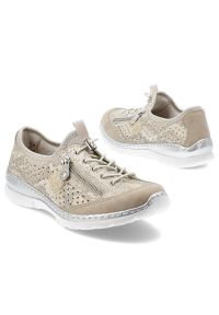 Półbuty damskie Rieker, skóra naturalna ażurowa cholewka elastyczne sznurowanie suwak boczny miękka wkładka lekka i amortyzująca podeszwa, złote, L32. Okazja: na co dzień, na spacer. Zapięcie: sznurówki. Kolor: złoty. Materiał: skóra. Szerokość cholewki: normalna. Wzór: ażurowy. Styl: casual, elegancki #7