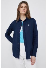 Polo Ralph Lauren koszula lniana kolor granatowy regular z kołnierzykiem klasycznym. Okazja: na co dzień. Typ kołnierza: kołnierzyk klasyczny, polo. Kolor: niebieski. Materiał: len. Wzór: gładki, aplikacja. Styl: klasyczny