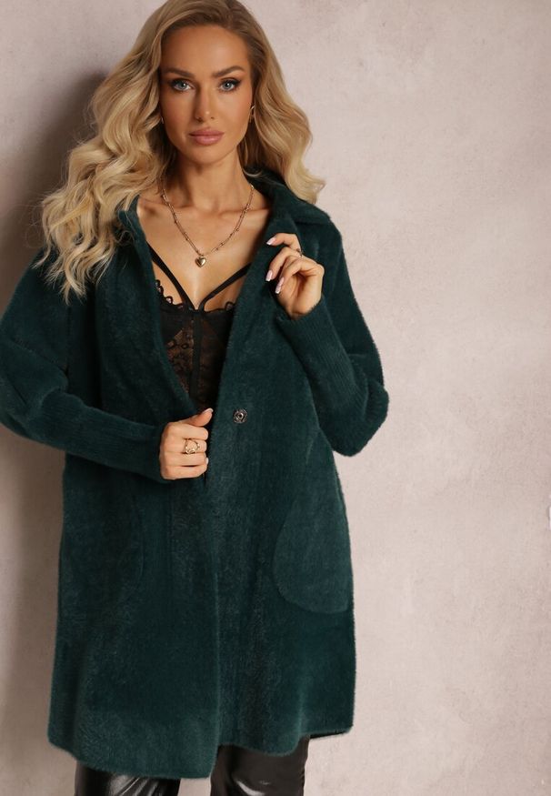 Renee - Ciemnozielony Płaszcz z Bawełną Oversize Brumisia. Kolor: zielony. Materiał: bawełna. Długość rękawa: długi rękaw. Długość: długie. Sezon: jesień, zima