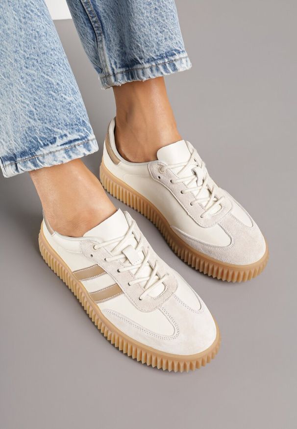 Born2be - Beżowo-Brązowe Skórzane Sneakersy Klasyczne Tenisówki z Zamszu Naturalnego Teniresela. Okazja: na co dzień. Kolor: beżowy. Materiał: zamsz, skóra