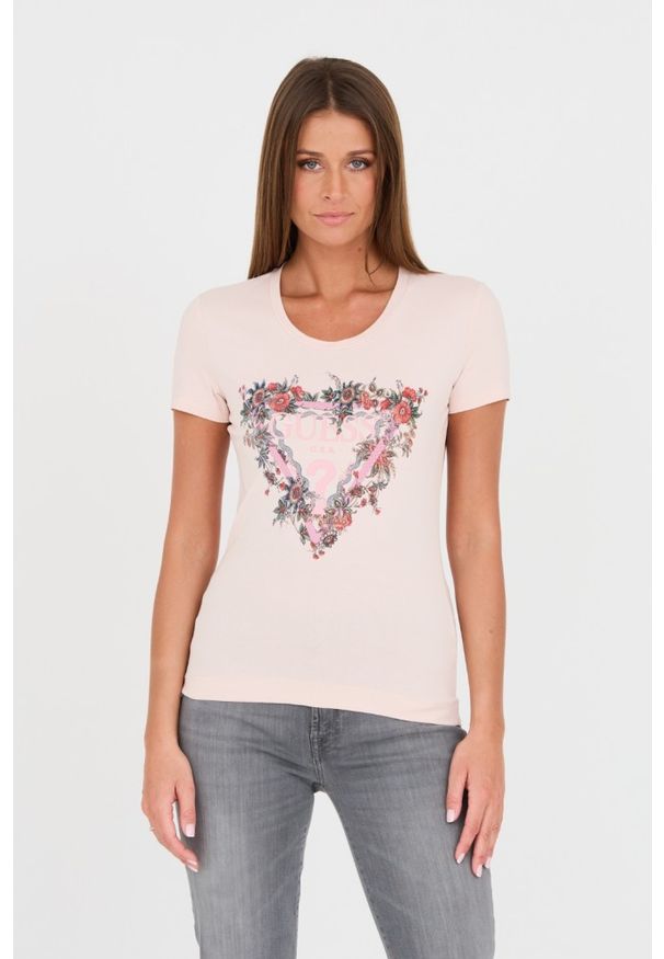 Guess - GUESS Różowy damski t-shirt bawełniany z logo, Rozmiar S. Kolor: różowy. Materiał: bawełna. Wzór: nadruk