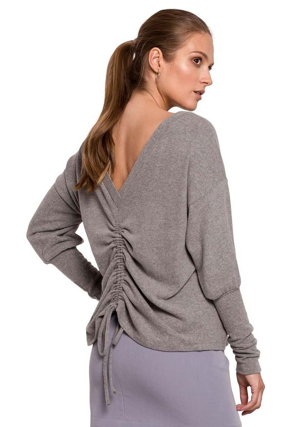 MOE - Sweter Ściągany na Plecach Troczkami - Szary. Kolor: szary. Materiał: elastan, bawełna