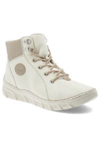 Białe Botki Rieker Ocieplane Obuwie Damskie. Okazja: na spacer, na co dzień. Zapięcie: sznurówki. Kolor: biały. Materiał: materiał, syntetyk. Sezon: zima, jesień. Styl: casual #1