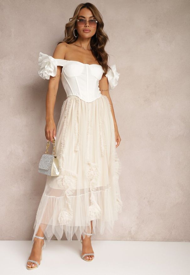 Renee - Jasnobeżowa Spódnica High Waist z Gumką w Talii o Siateczkowym Wykończeniu Vikkissa. Stan: podwyższony. Kolor: beżowy. Styl: elegancki