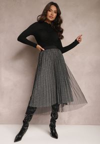 Renee - Czarno-Srebrna Spódnica Voloelle. Kolor: czarny. Materiał: dzianina. Styl: klasyczny, glamour, elegancki