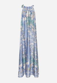 Born2be - Granatowa Satynowa Sukienka w Kwiaty z Ozdobnym Wiązaniem Fenasella. Okazja: na co dzień. Kolor: niebieski. Materiał: satyna. Wzór: kwiaty. Typ sukienki: proste. Styl: wizytowy, klasyczny, casual, elegancki #4