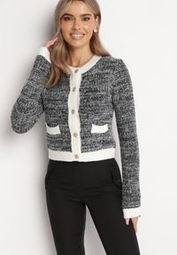 Born2be - Czarno-Biały Kardigan z Ozdobnymi Guzikami i Błyszczącą Nitką Vlizome. Kolor: czarny. Materiał: materiał. Sezon: zima