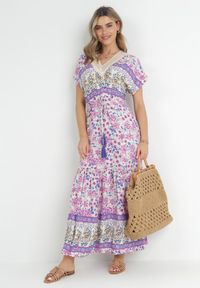Born2be - Fioletowa Sukienka Maxi z Guzikami i Koronkowym Dekoltem Cristyn. Kolor: fioletowy. Materiał: koronka. Sezon: wiosna, lato. Długość: maxi #3