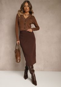 Renee - Brązowy Kardigan Xoc. Kolor: brązowy. Długość rękawa: długi rękaw. Długość: długie. Styl: retro, elegancki