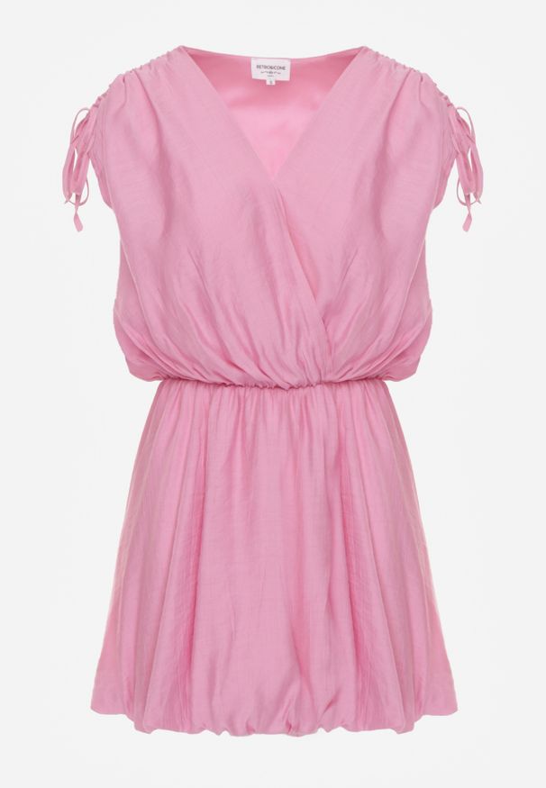 Renee - Różowa Kopertowa Sukienka Bombka z Wiązaniami Nyana. Typ kołnierza: dekolt kopertowy. Kolor: różowy. Typ sukienki: bombki, kopertowe. Styl: elegancki