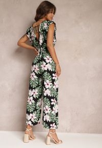 Renee - Czarno-Zielony Długi Kombinezon Bawełniany w Kwiaty Vegita. Okazja: na imprezę. Kolor: czarny. Materiał: bawełna. Długość: długie. Wzór: kwiaty. Sezon: wiosna. Styl: elegancki #3