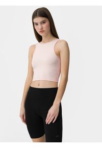 4f - 4F Crop top z wycięciem na plecach damski L. Typ kołnierza: dekolt na plecach. Kolor: beżowy. Materiał: elastan, dzianina. Długość rękawa: na ramiączkach. Wzór: gładki