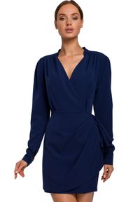 Sukienki.shop - Elegancka kopertowa sukienka mini z drapowaniem granatowa. Kolor: niebieski. Typ sukienki: kopertowe. Styl: elegancki. Długość: mini #1