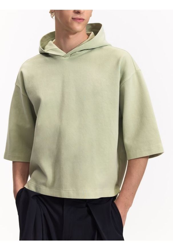 Reserved - Bluza z krótkim rękawem - oliwkowy. Kolor: oliwkowy. Materiał: dzianina, bawełna