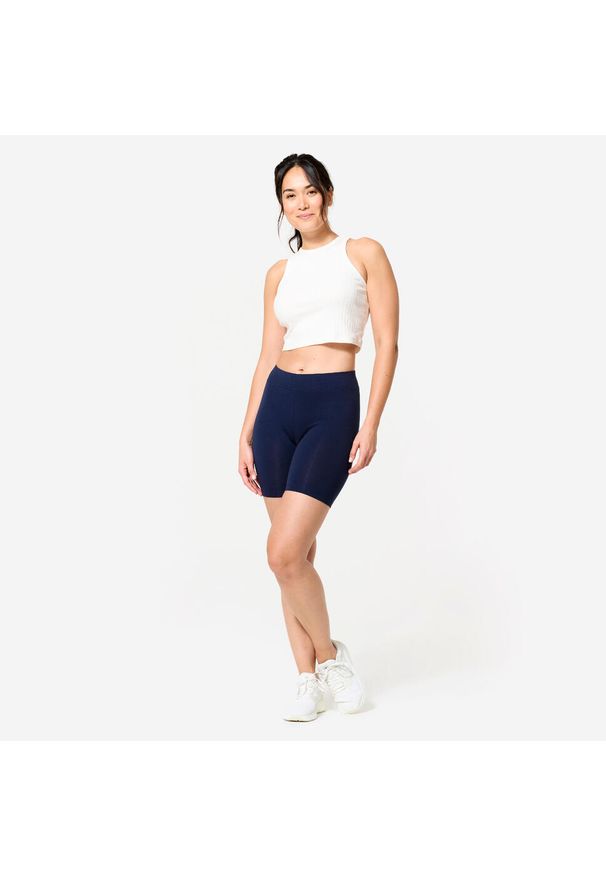 DOMYOS - Legginsy krótkie fitness damskie Domyos. Kolor: niebieski. Materiał: bawełna, materiał, elastan. Długość: krótkie. Sport: fitness