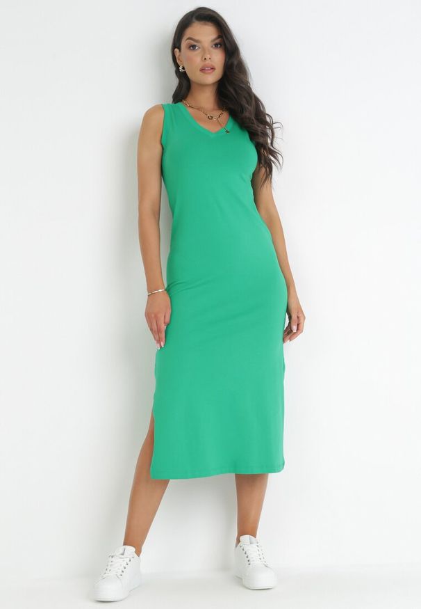 Born2be - Zielona Sukienka Nidil. Kolor: zielony. Materiał: dzianina, jeans, bawełna. Długość rękawa: bez rękawów. Styl: elegancki. Długość: midi
