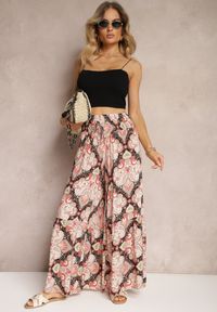 Renee - Różowo-Czarne Spodnie z Rozszerzanymi Nogawkami z Wiskozy High Waist z Gumką w Talii Nasie. Stan: podwyższony. Kolor: różowy. Materiał: wiskoza. Długość: długie. Styl: klasyczny, elegancki