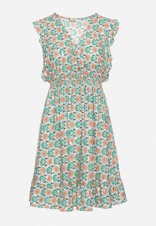 Born2be - Zielona Sukienka Mini z Wiskozy w Mozaikowy Wzór z Gumką w Pasie Lariaa. Okazja: na co dzień. Typ kołnierza: kołnierz z falbankami, dekolt w serek. Kolor: zielony. Materiał: wiskoza. Długość rękawa: na ramiączkach. Typ sukienki: rozkloszowane. Styl: casual, elegancki. Długość: mini