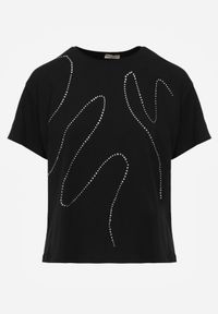 Born2be - Czarny Bawełniany T-shirt Ozdobiony Cyrkoniami Monomene. Okazja: na co dzień. Kolor: czarny. Materiał: bawełna. Wzór: aplikacja. Styl: elegancki, casual #8