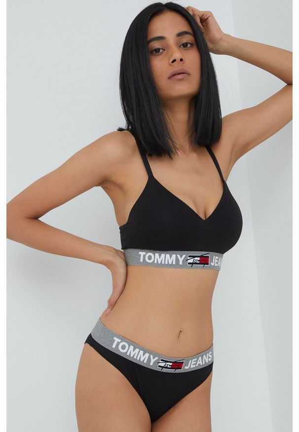 Tommy Jeans Biustonosz kolor czarny gładki. Kolor: czarny. Wzór: gładki