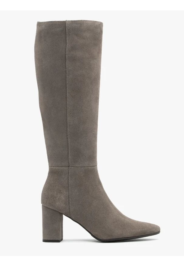 Ryłko - Szare kozaki na słupku ze skóry welurowej. Okazja: na co dzień. Kolor: szary. Materiał: skóra, welur. Obcas: na słupku. Styl: casual, street, elegancki. Wysokość obcasa: średni