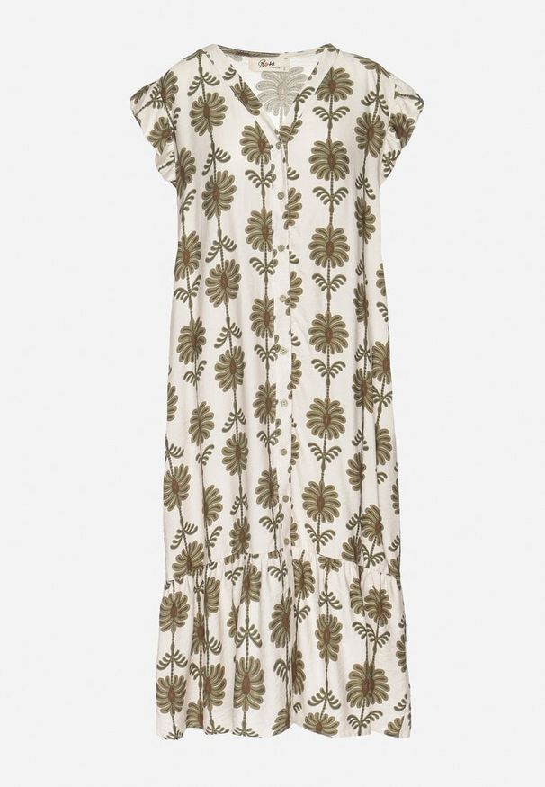 Born2be - Biało-Zielona Kwiatowa Sukienka z Bawełną i Falbanką Efanelia. Okazja: na spacer, na imprezę. Typ kołnierza: dekolt w serek. Kolor: beżowy. Materiał: bawełna. Wzór: kwiaty. Sezon: wiosna, lato. Typ sukienki: proste. Styl: elegancki