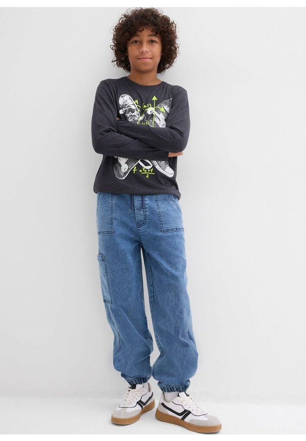 bonprix - Dżinsy bojówki o kroju loose fit z materiału z domieszką stretchu, z elastyczną gumką w pasie. Kolor: niebieski