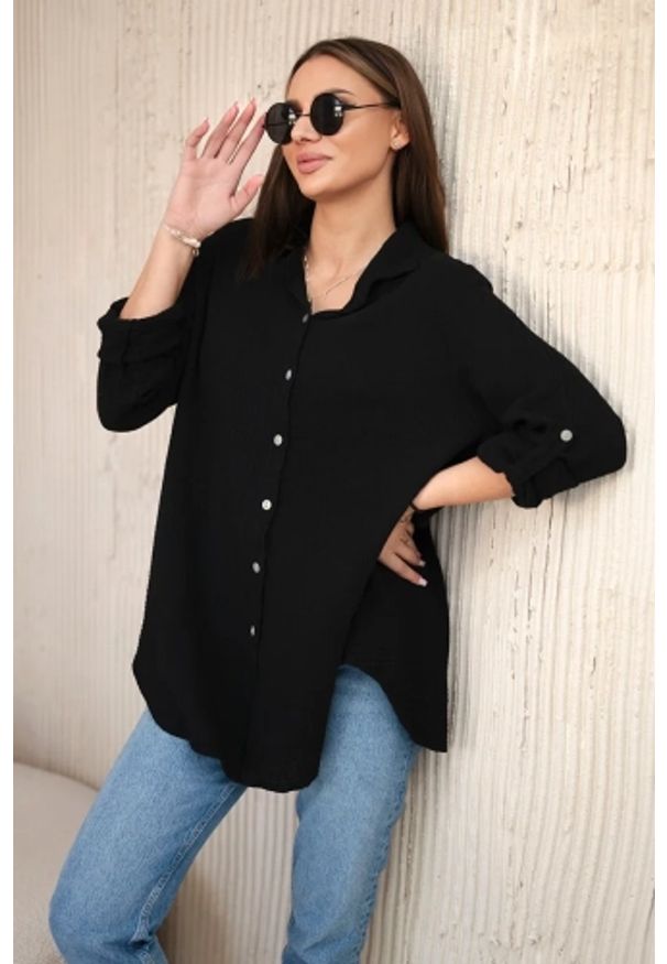 Kesi Włoski - Koszula bawełniana muślinowa oversize czarna. Okazja: na co dzień. Kolor: czarny. Materiał: bawełna. Styl: klasyczny, elegancki, casual