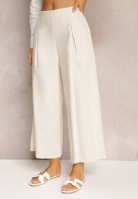 Renee - Beżowe Szerokie Spodnie z Gumką w Pasie Vithan. Kolor: beżowy. Materiał: tkanina, bawełna #4