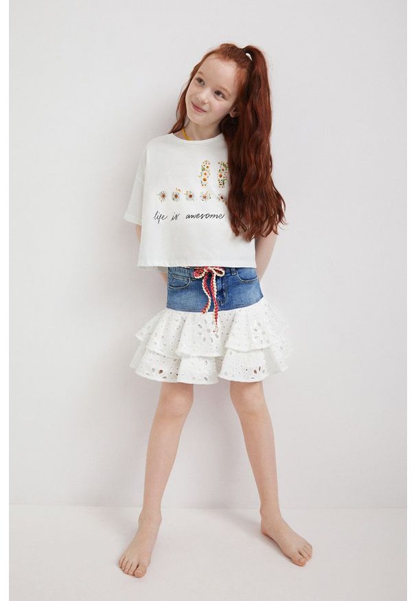 Desigual spódnica dziecięca mini rozkloszowana. Kolor: niebieski. Materiał: materiał, bawełna