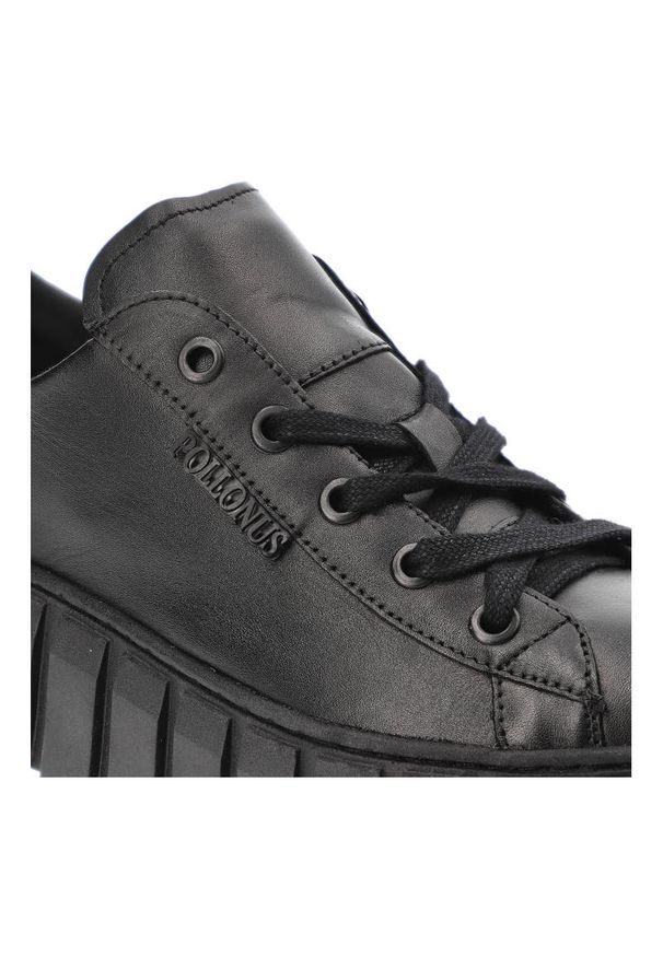 Czarne Sneakersy Pollonus Wygodne Skórzane Buty Damskie. Okazja: na spacer, na co dzień. Kolor: czarny. Materiał: skóra. Sport: turystyka piesza